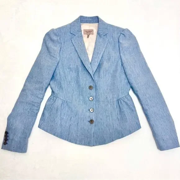 Rebecca Taylor TAILORED Peplum Linen Blend Blazer Jacket Light Blue S - Picture 2 of 14